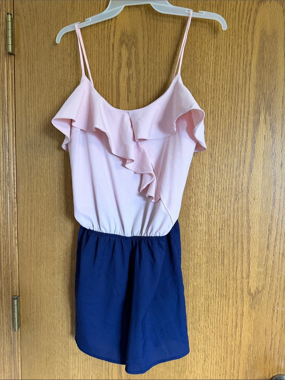 Charlotte Russe Pink and Navy Ruffle Romper